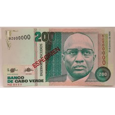 CAPE VERDE 1989 . TWO HUNDRED 200 ESCUDOS . SPECIMEN BANKNOTE